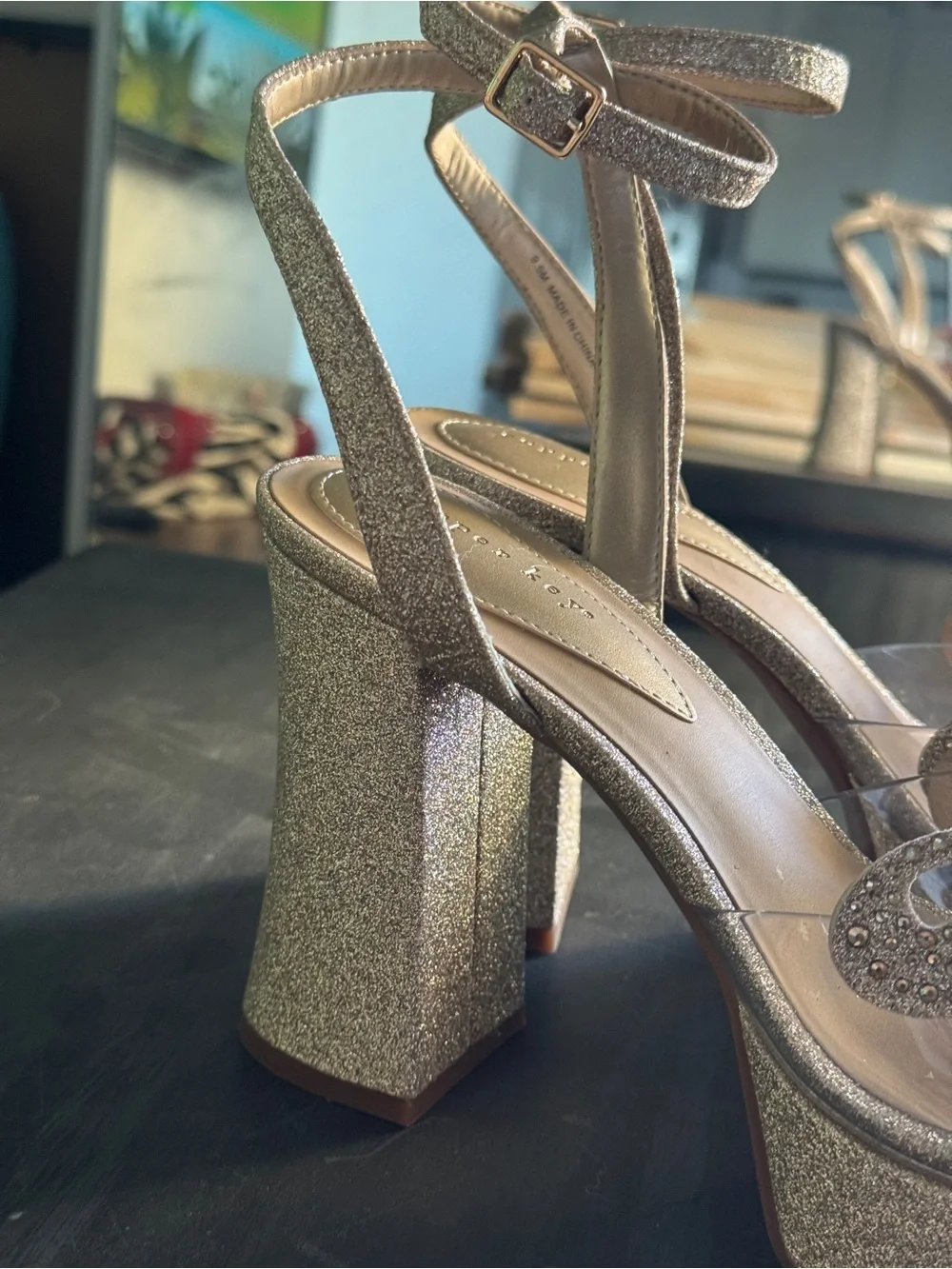 Marigold Rhinestonr Embellished Butterfly Glitter Platform Heel Sandals